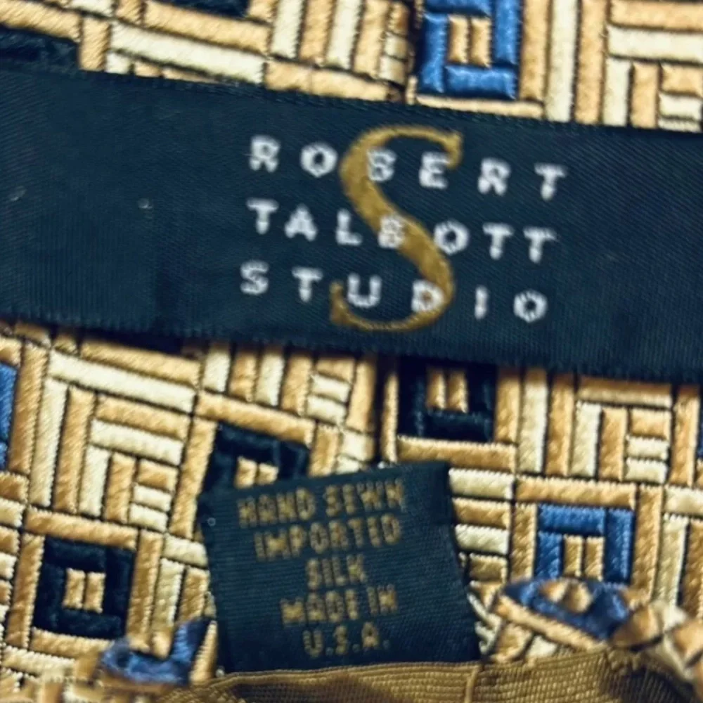 ROBERT TALBOTT Studio Mens 100% Silk Necktie USA Designer Geometric Tan/Blue